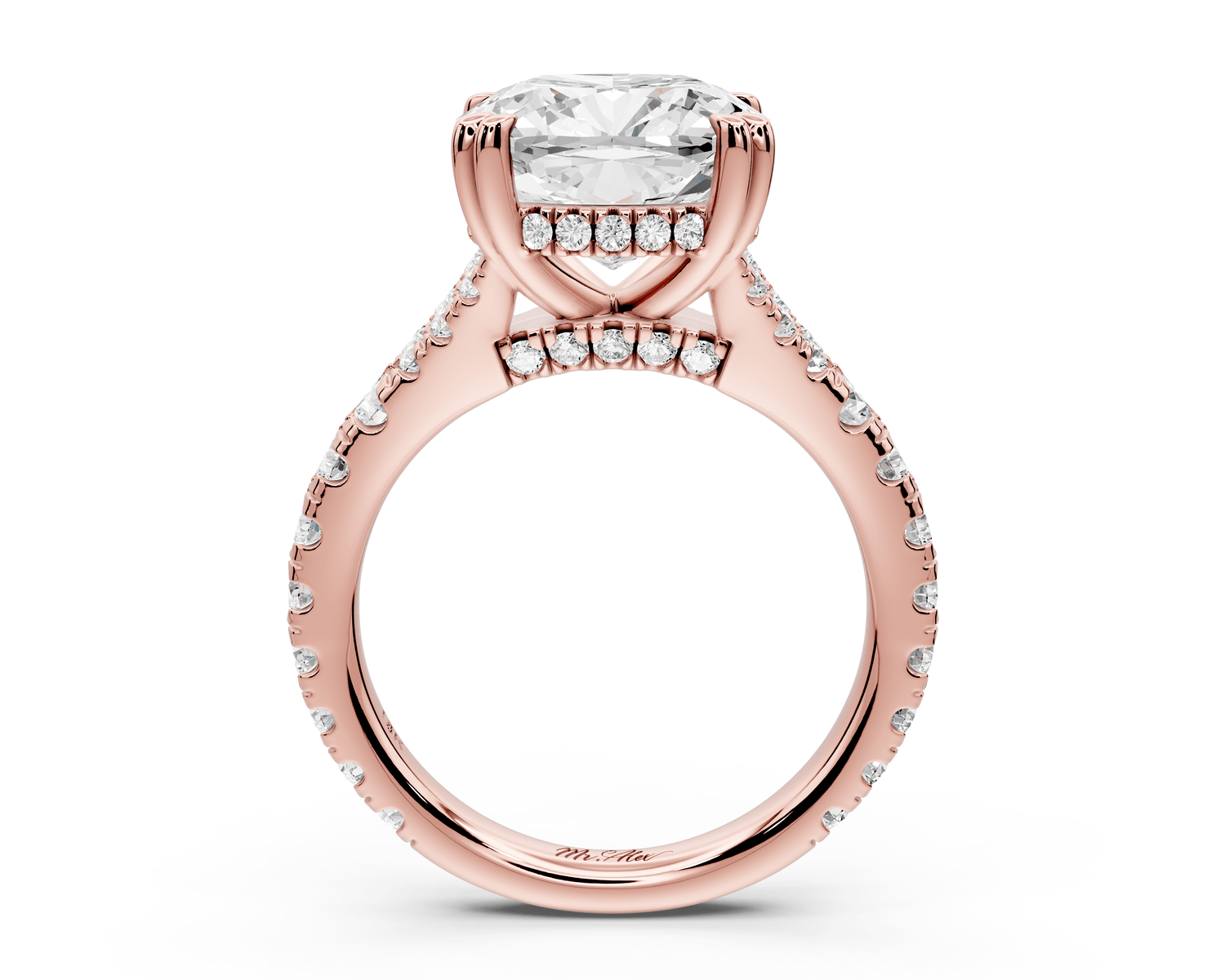 Rosalie - 4ct 18k rose gold cushion Pavé Cathedral Hidden Halo with Diamond Bridge split shank Engagement Ring - Mr. Alex Jewelry