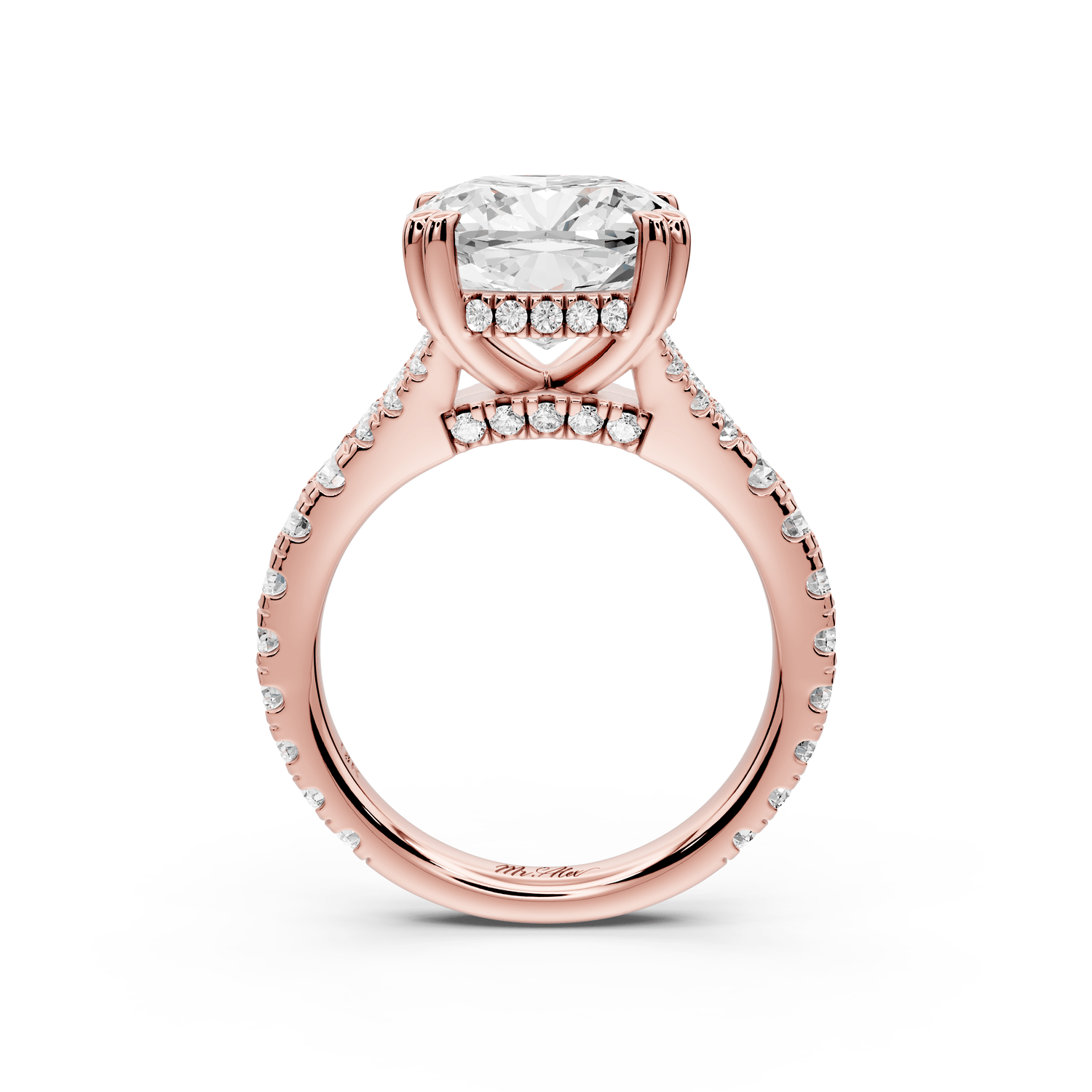 Rosalie - 4ct 18k rose gold cushion Pavé Cathedral Hidden Halo with Diamond Bridge split shank Engagement Ring - Mr. Alex Jewelry