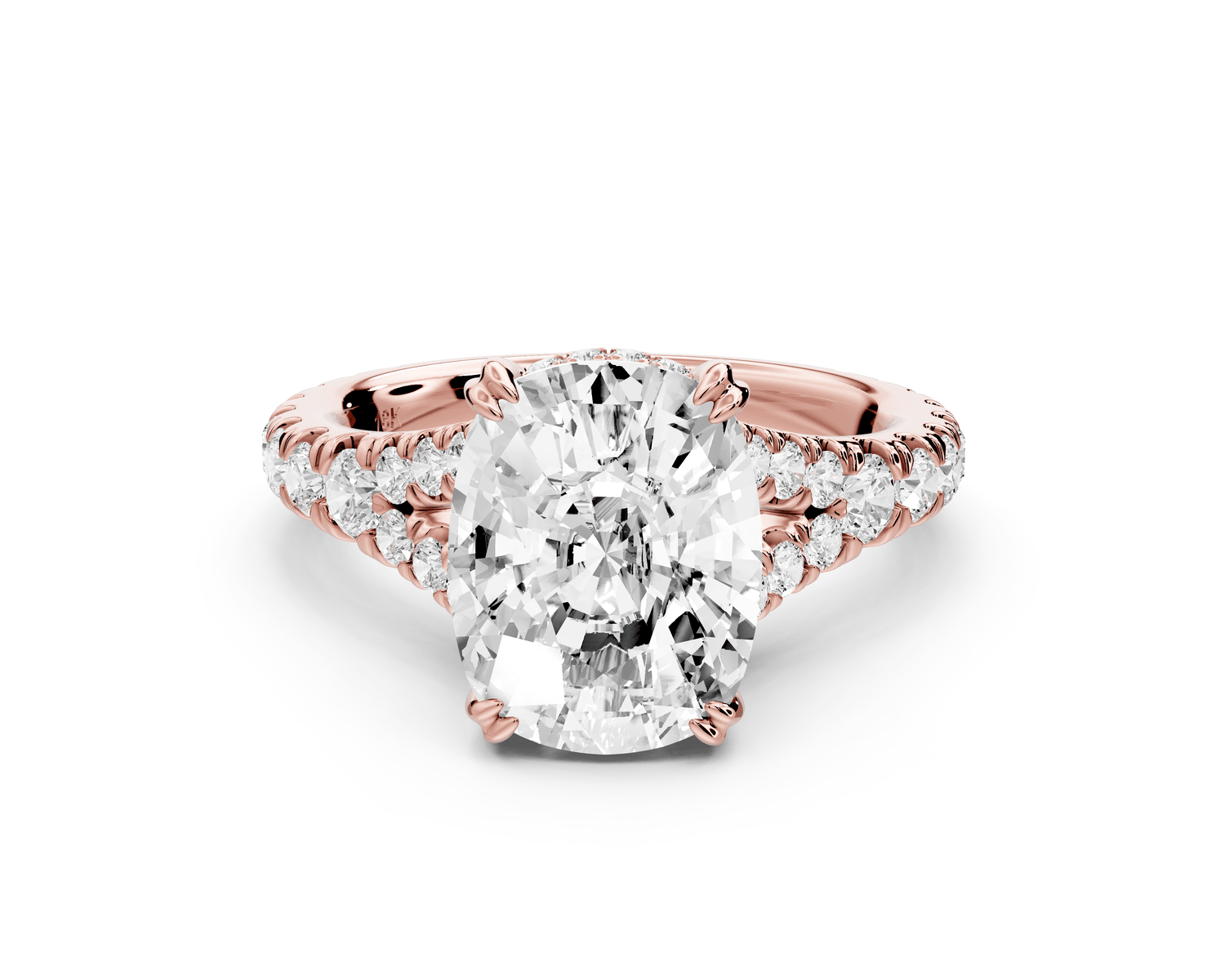 Rosalie - 4ct 18k rose gold ecushion Pavé Cathedral Hidden Halo with Diamond Bridge split shank Engagement Ring - Mr. Alex Jewelry