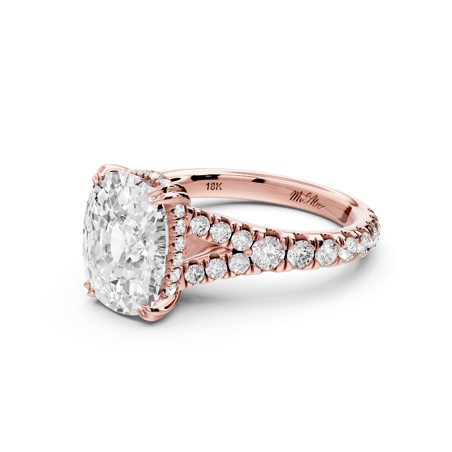 Rosalie - 4ct 18k rose gold ecushion Pavé Cathedral Hidden Halo with Diamond Bridge split shank Engagement Ring - Mr. Alex Jewelry