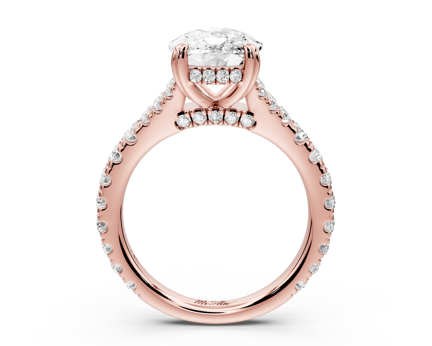 Rosalie - 4ct 18k rose gold ecushion Pavé Cathedral Hidden Halo with Diamond Bridge split shank Engagement Ring - Mr. Alex Jewelry