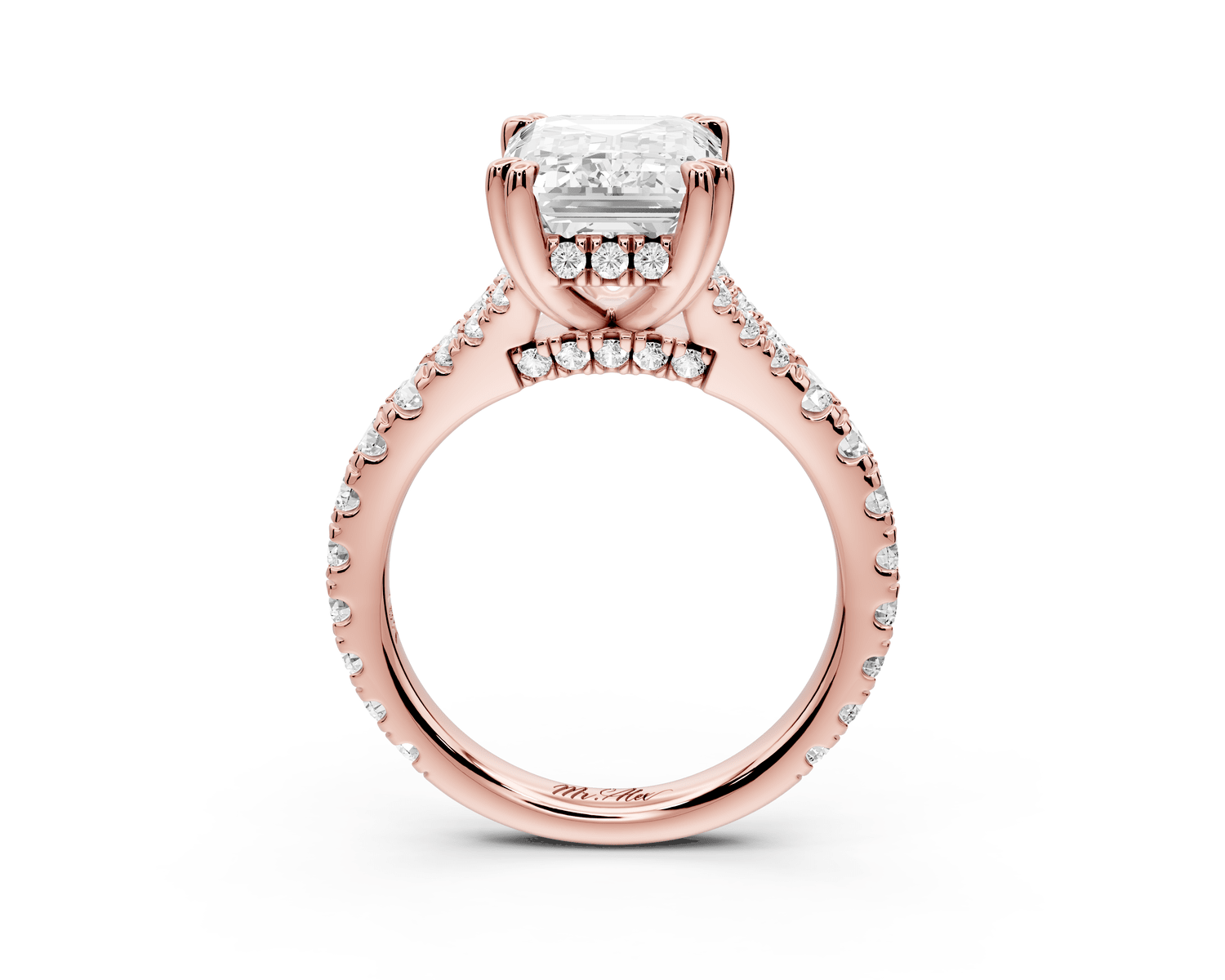 Rosalie - 4ct 18k rose gold emerald Pavé Cathedral Hidden Halo with Diamond Bridge split shank Engagement Ring - Mr. Alex Jewelry