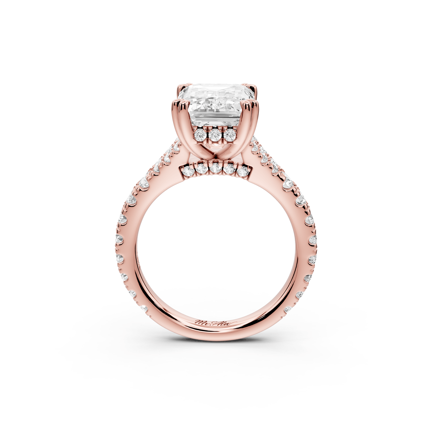 Rosalie - 4ct 18k rose gold emerald Pavé Cathedral Hidden Halo with Diamond Bridge split shank Engagement Ring - Mr. Alex Jewelry