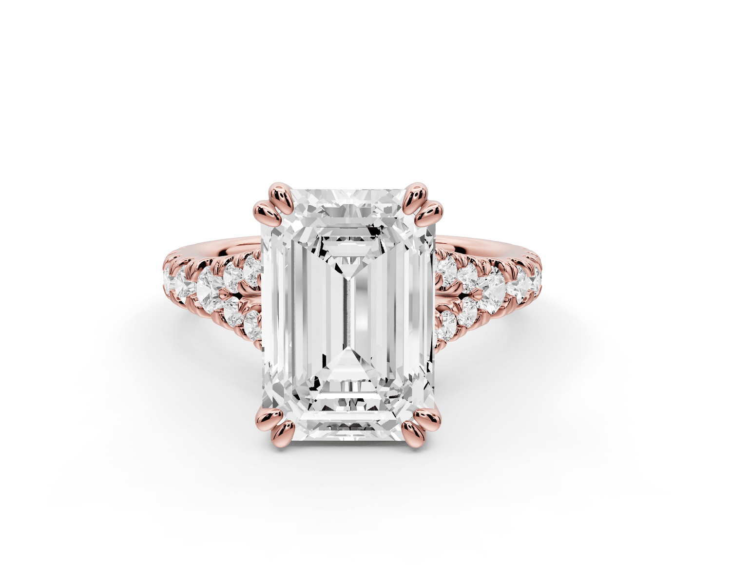 Rosalie - 4ct 18k rose gold emerald Pavé Cathedral Hidden Halo with Diamond Bridge split shank Engagement Ring - Mr. Alex Jewelry