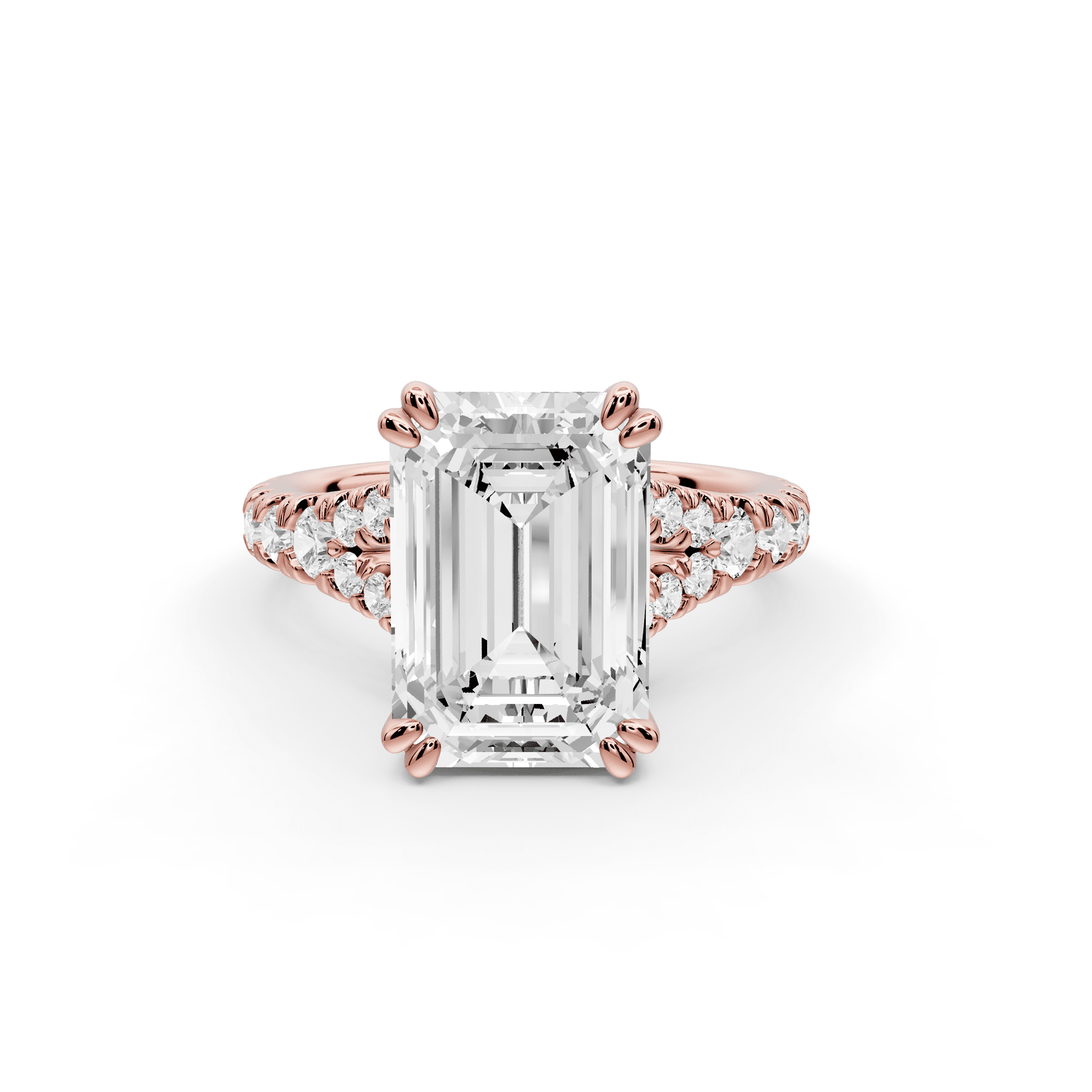 Rosalie - 4ct 18k rose gold emerald Pavé Cathedral Hidden Halo with Diamond Bridge split shank Engagement Ring - Mr. Alex Jewelry