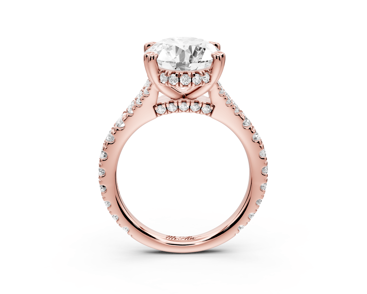 Rosalie - 4ct 18k rose gold oval Pavé Cathedral Hidden Halo with Diamond Bridge split shank Engagement Ring - Mr. Alex Jewelry