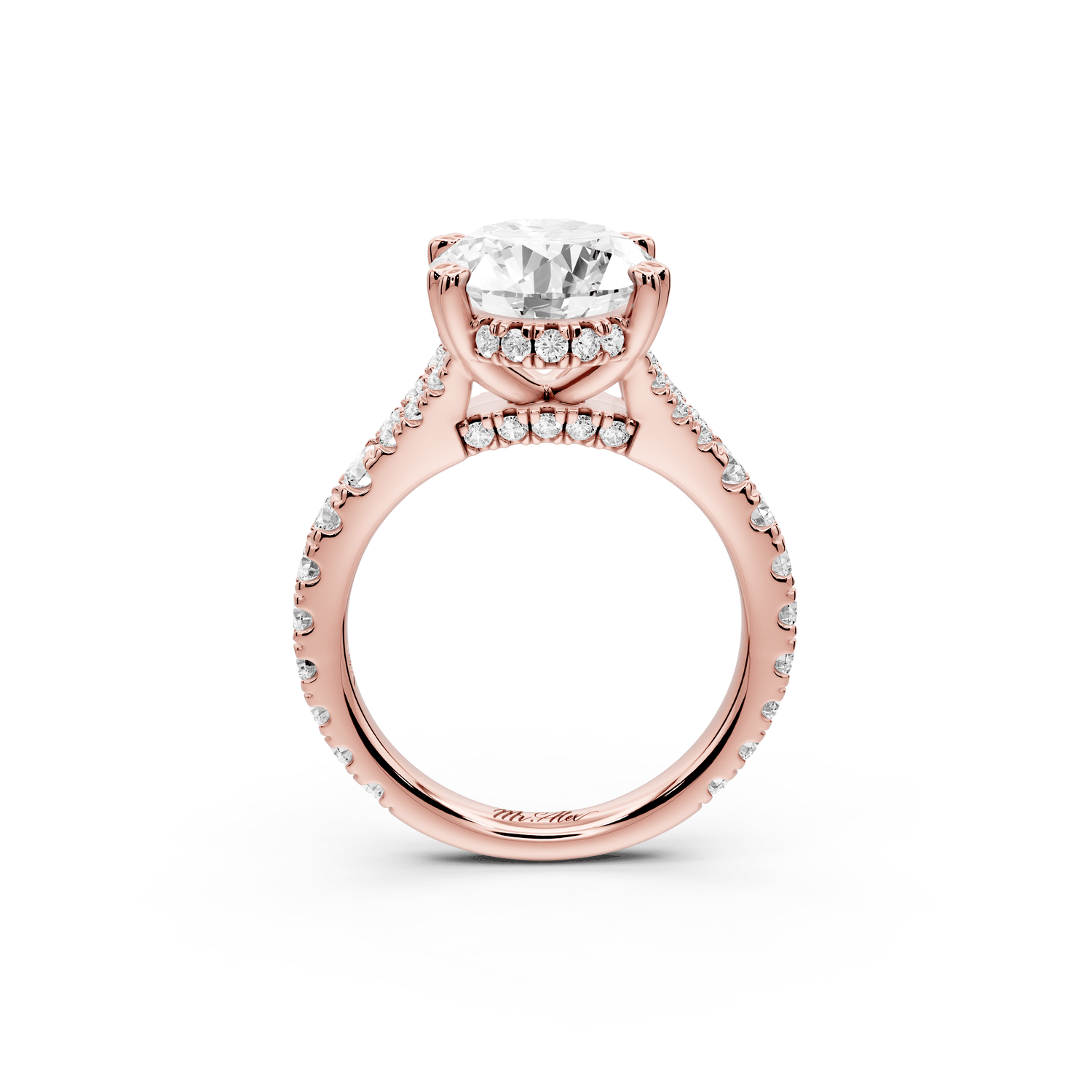 Rosalie - 4ct 18k rose gold oval Pavé Cathedral Hidden Halo with Diamond Bridge split shank Engagement Ring - Mr. Alex Jewelry