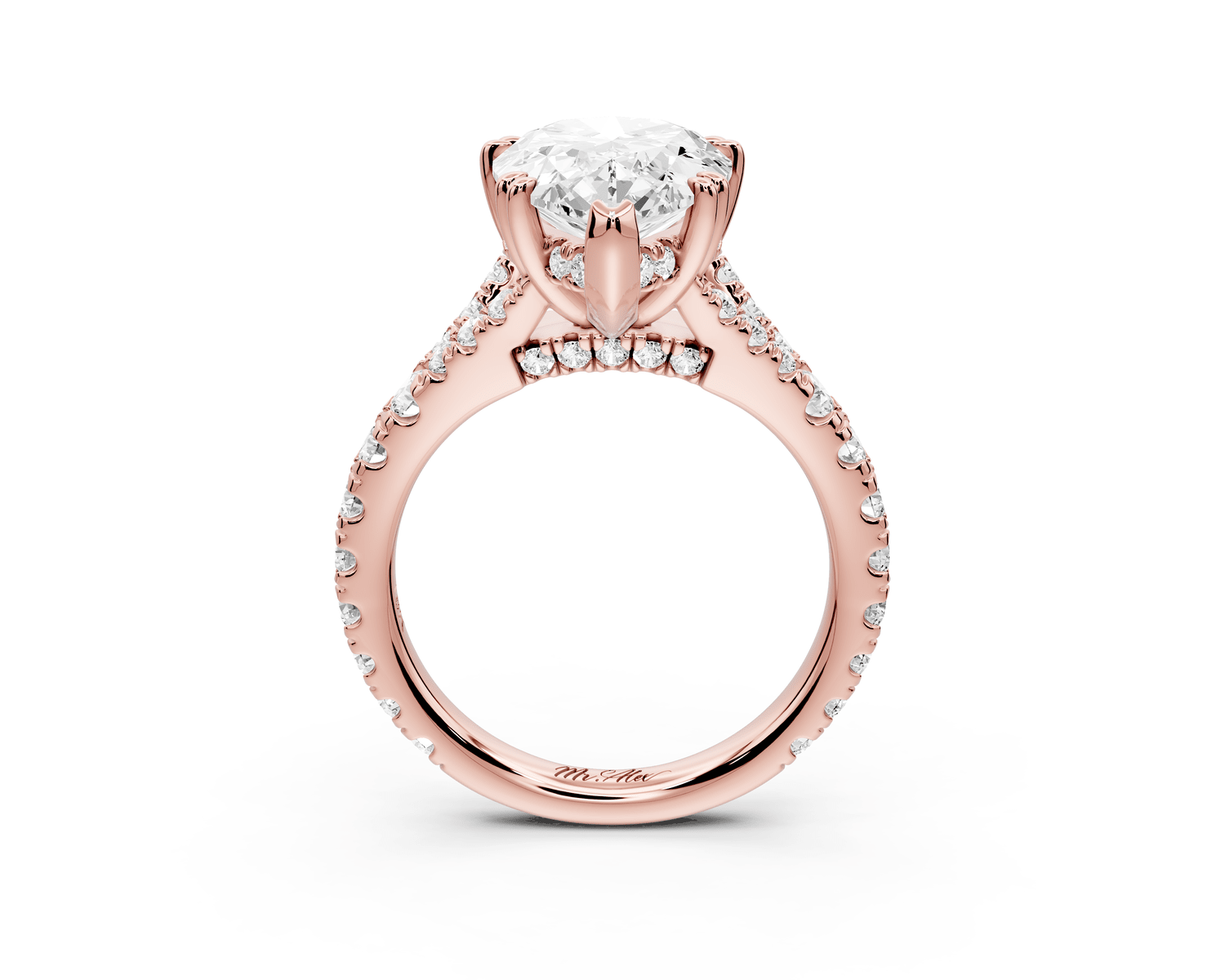 Rosalie - 4ct 18k rose gold pear Pavé Cathedral Hidden Halo with Diamond Bridge split shank Engagement Ring - Mr. Alex Jewelry