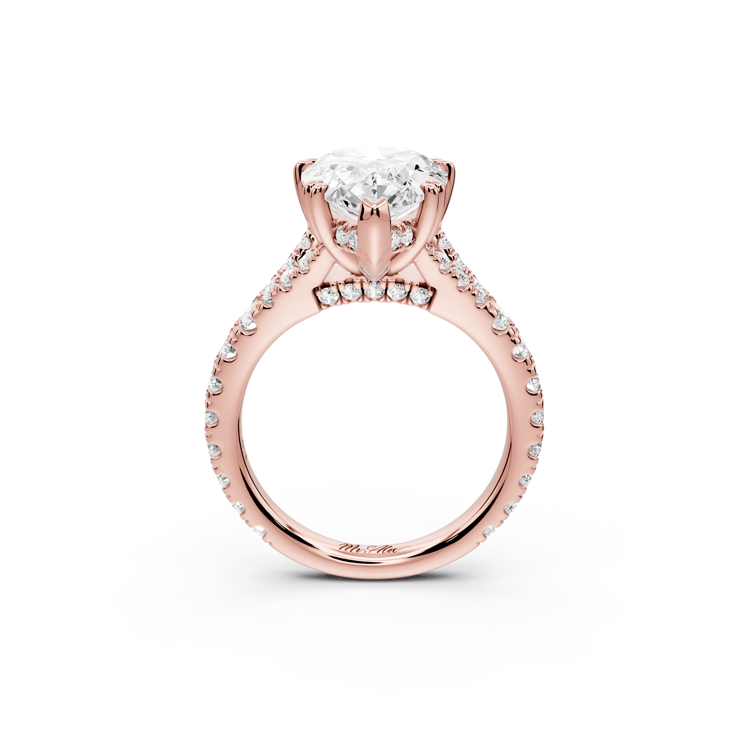 Rosalie - 4ct 18k rose gold pear Pavé Cathedral Hidden Halo with Diamond Bridge split shank Engagement Ring - Mr. Alex Jewelry