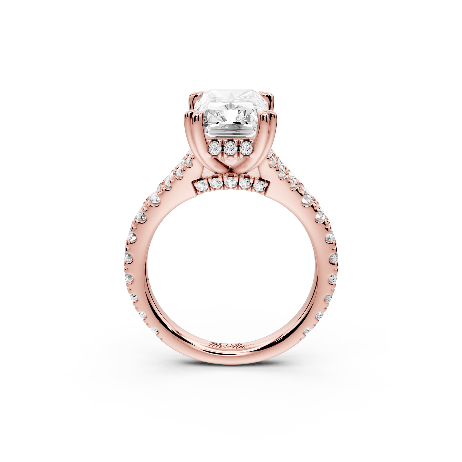 Rosalie - 4ct 18k rose gold radiant Pavé Cathedral Hidden Halo with Diamond Bridge split shank Engagement Ring - Mr. Alex Jewelry