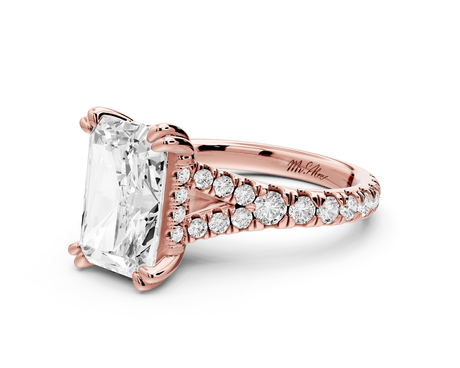 Rosalie - 4ct 18k rose gold radiant Pavé Cathedral Hidden Halo with Diamond Bridge split shank Engagement Ring - Mr. Alex Jewelry