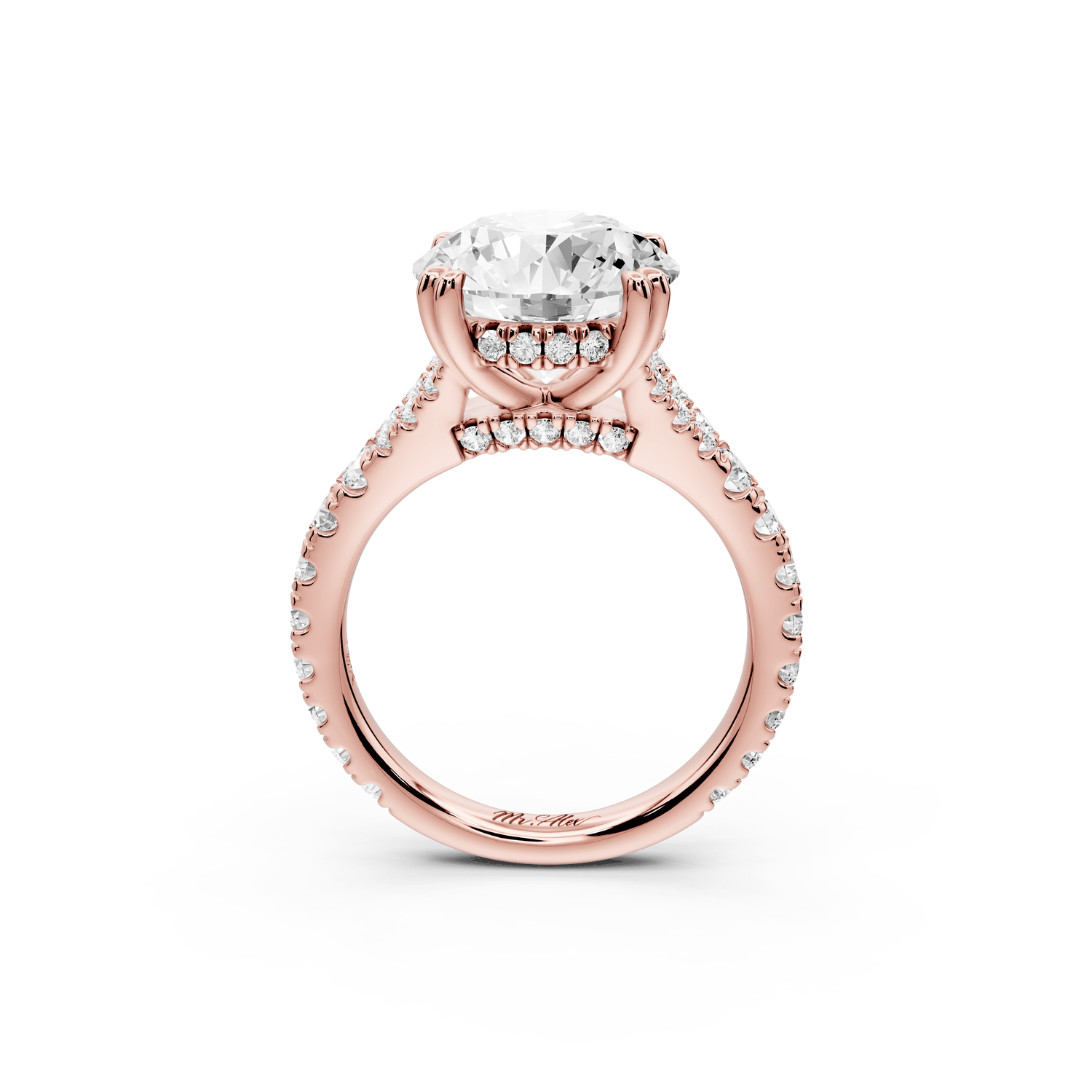 Rosalie - 4ct 18k rose gold round Pavé Cathedral Hidden Halo with Diamond Bridge split shank Engagement Ring - Mr. Alex Jewelry