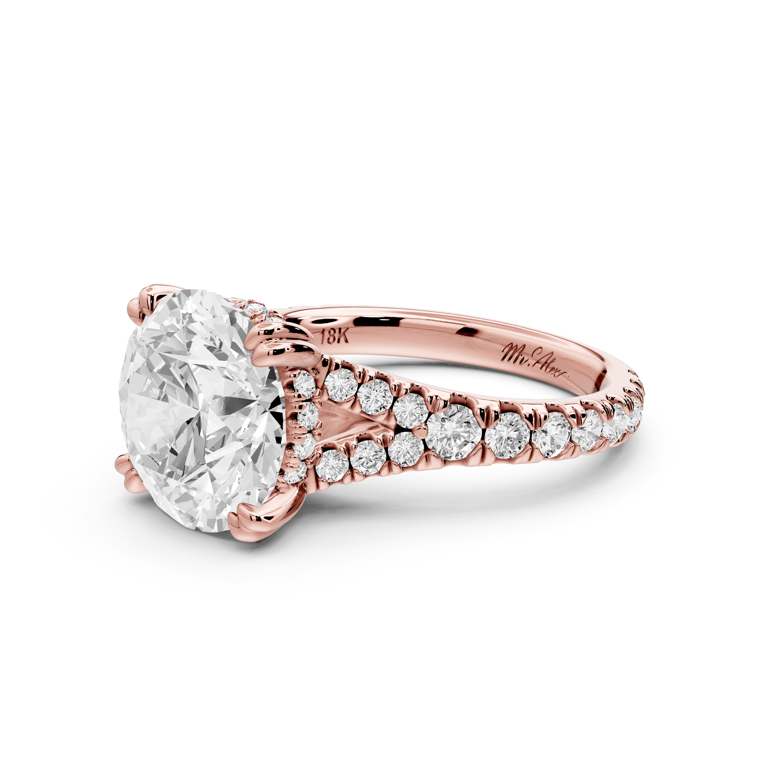 Rosalie - 4ct 18k rose gold round Pavé Cathedral Hidden Halo with Diamond Bridge split shank Engagement Ring - Mr. Alex Jewelry