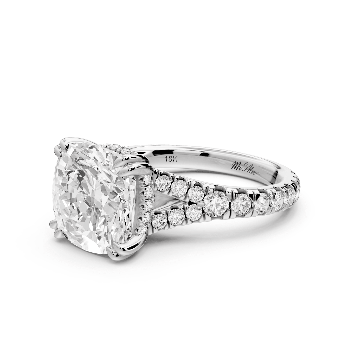 Rosalie - 4ct 18k white gold cushion Pavé Cathedral Hidden Halo with Diamond Bridge split shank Engagement Ring - Mr. Alex Jewelry