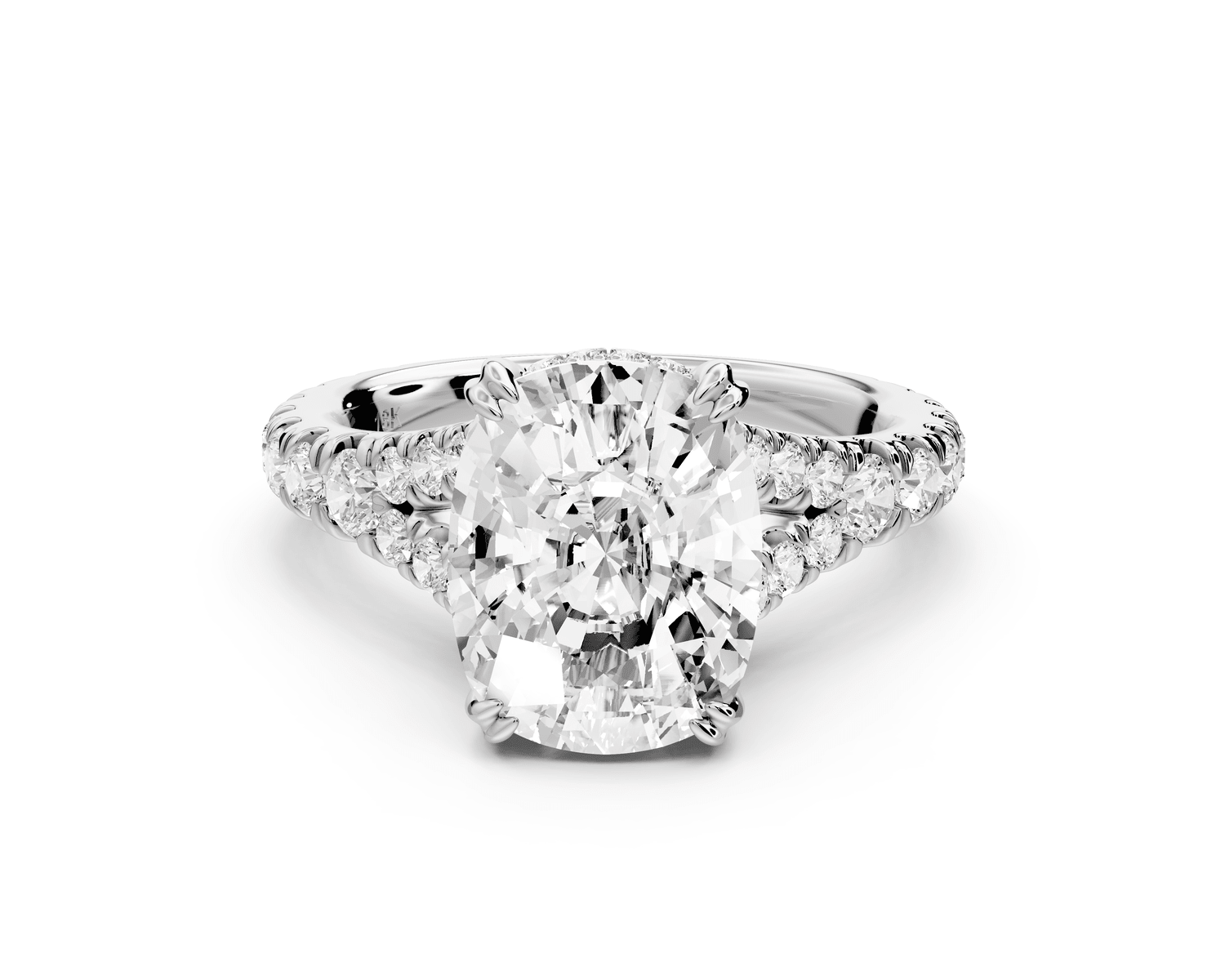 Rosalie - 4ct 18k white gold ecushion Pavé Cathedral Hidden Halo with Diamond Bridge split shank Engagement Ring - Mr. Alex Jewelry