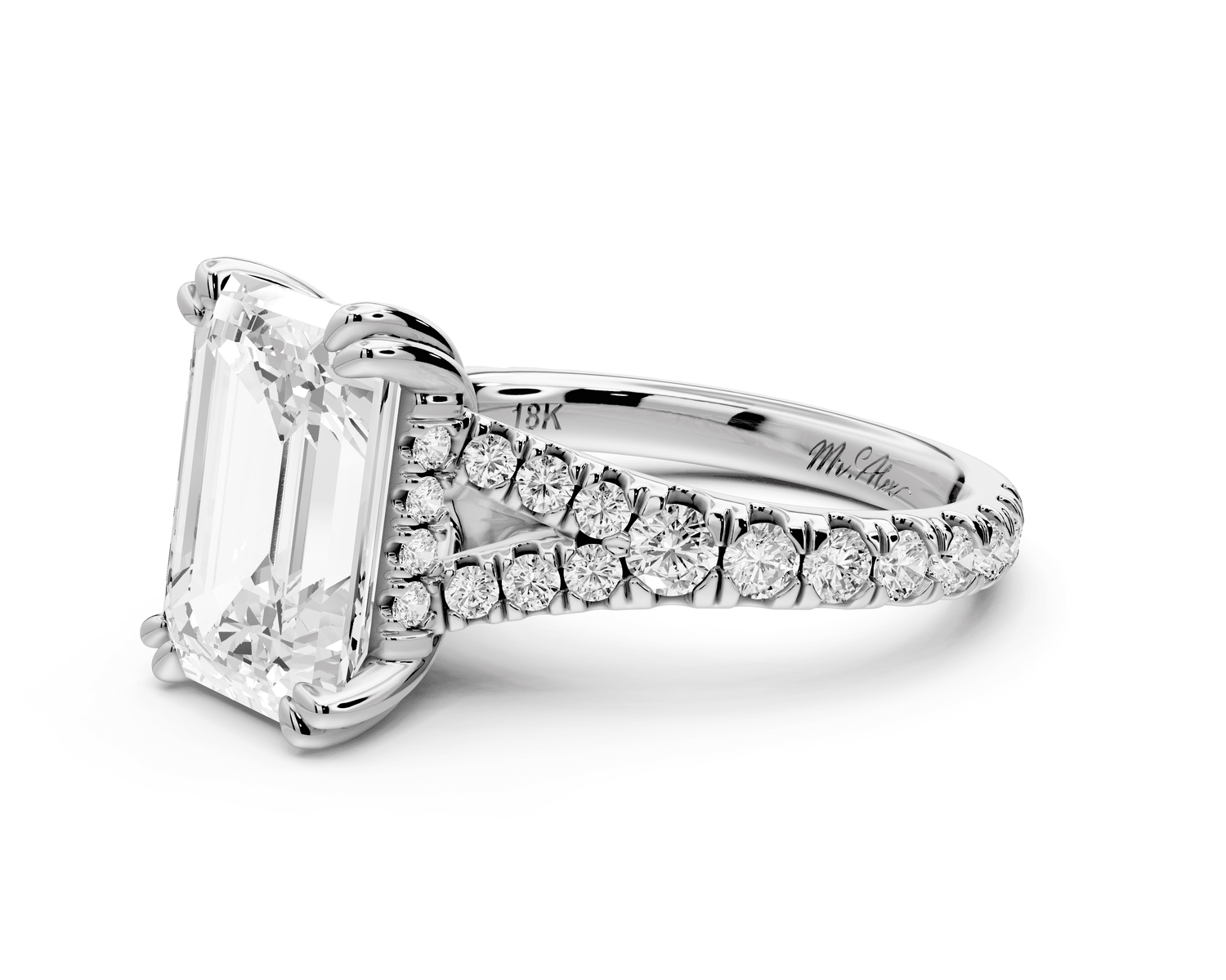 Rosalie - 4ct 18k white gold emerald Pavé Cathedral Hidden Halo with Diamond Bridge split shank Engagement Ring - Mr. Alex Jewelry