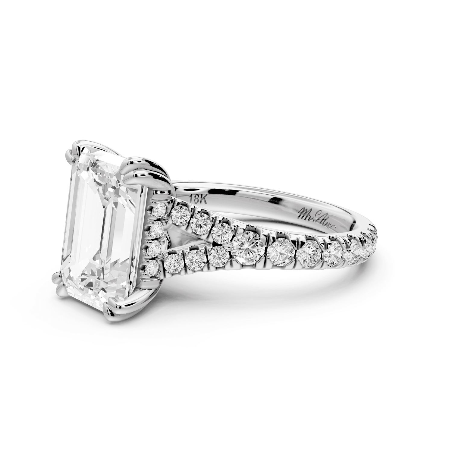 Rosalie - 4ct 18k white gold emerald Pavé Cathedral Hidden Halo with Diamond Bridge split shank Engagement Ring - Mr. Alex Jewelry