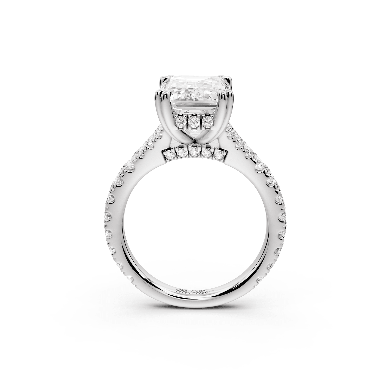 Rosalie - 4ct 18k white gold emerald Pavé Cathedral Hidden Halo with Diamond Bridge split shank Engagement Ring - Mr. Alex Jewelry