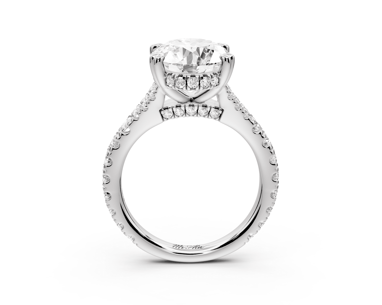 Rosalie - 4ct 18k white gold oval Pavé Cathedral Hidden Halo with Diamond Bridge split shank Engagement Ring - Mr. Alex Jewelry