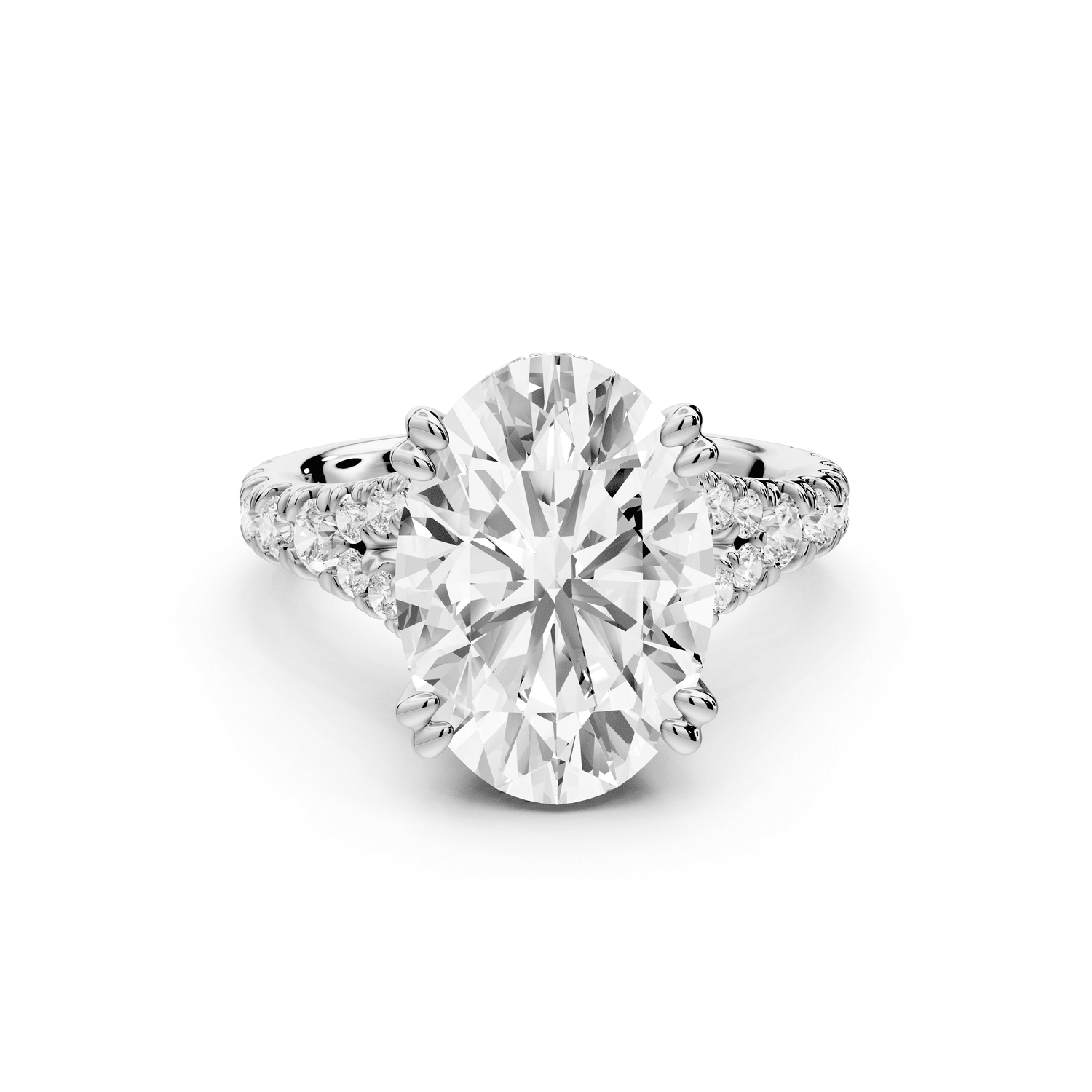 Rosalie - 4ct 18k white gold oval Pavé Cathedral Hidden Halo with Diamond Bridge split shank Engagement Ring - Mr. Alex Jewelry