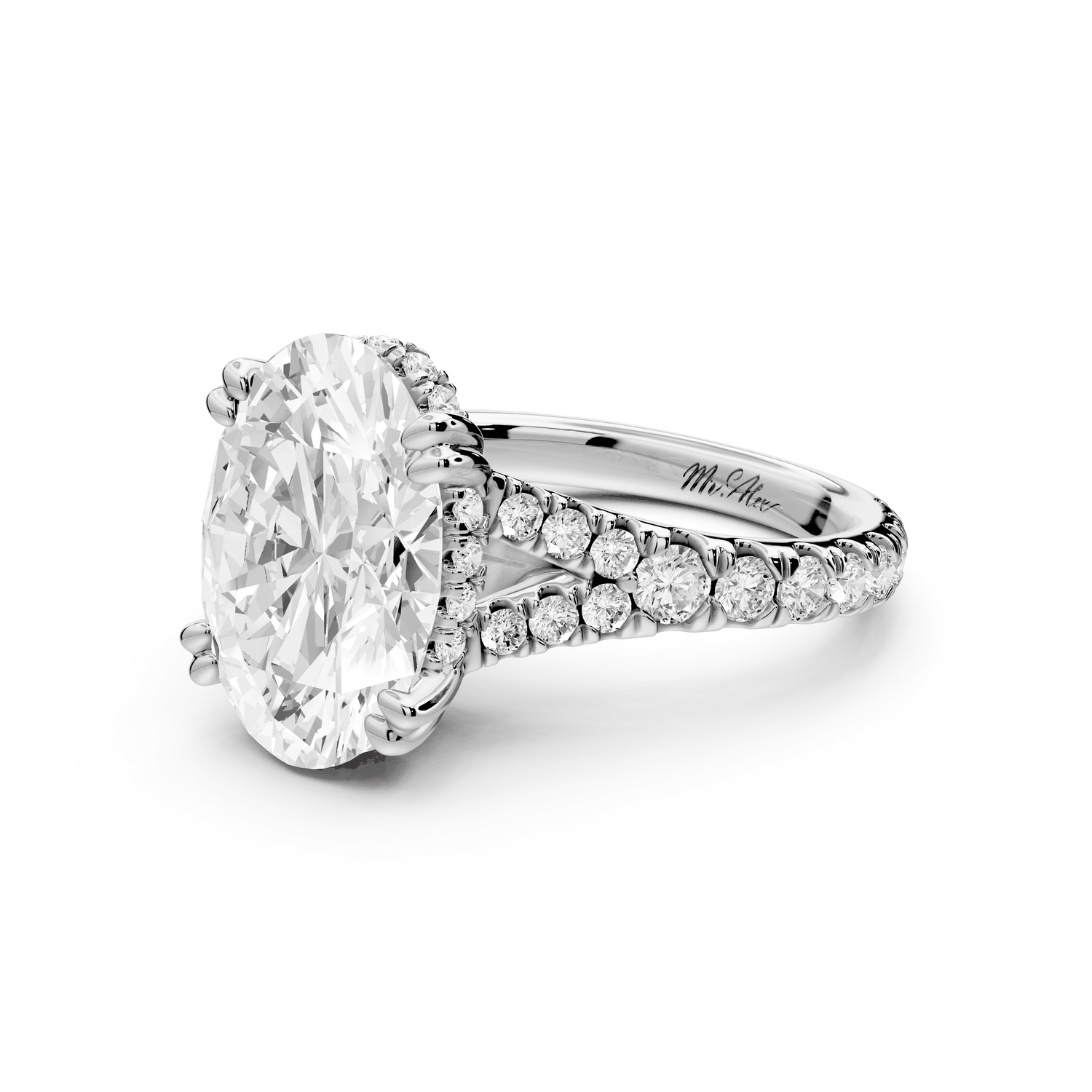 Rosalie - 4ct 18k white gold oval Pavé Cathedral Hidden Halo with Diamond Bridge split shank Engagement Ring - Mr. Alex Jewelry