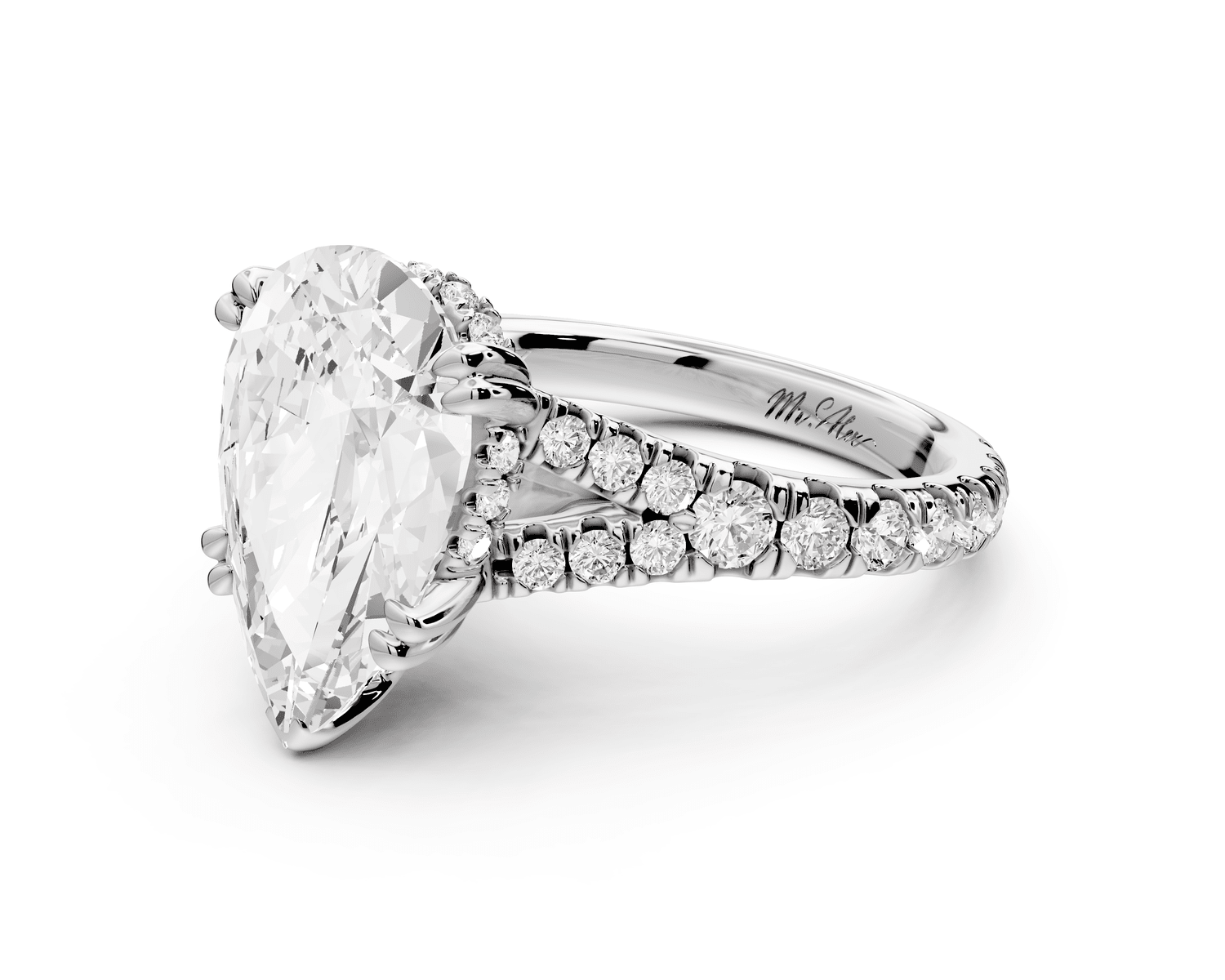 Rosalie - 4ct 18k white gold pear Pavé Cathedral Hidden Halo with Diamond Bridge split shank Engagement Ring - Mr. Alex Jewelry