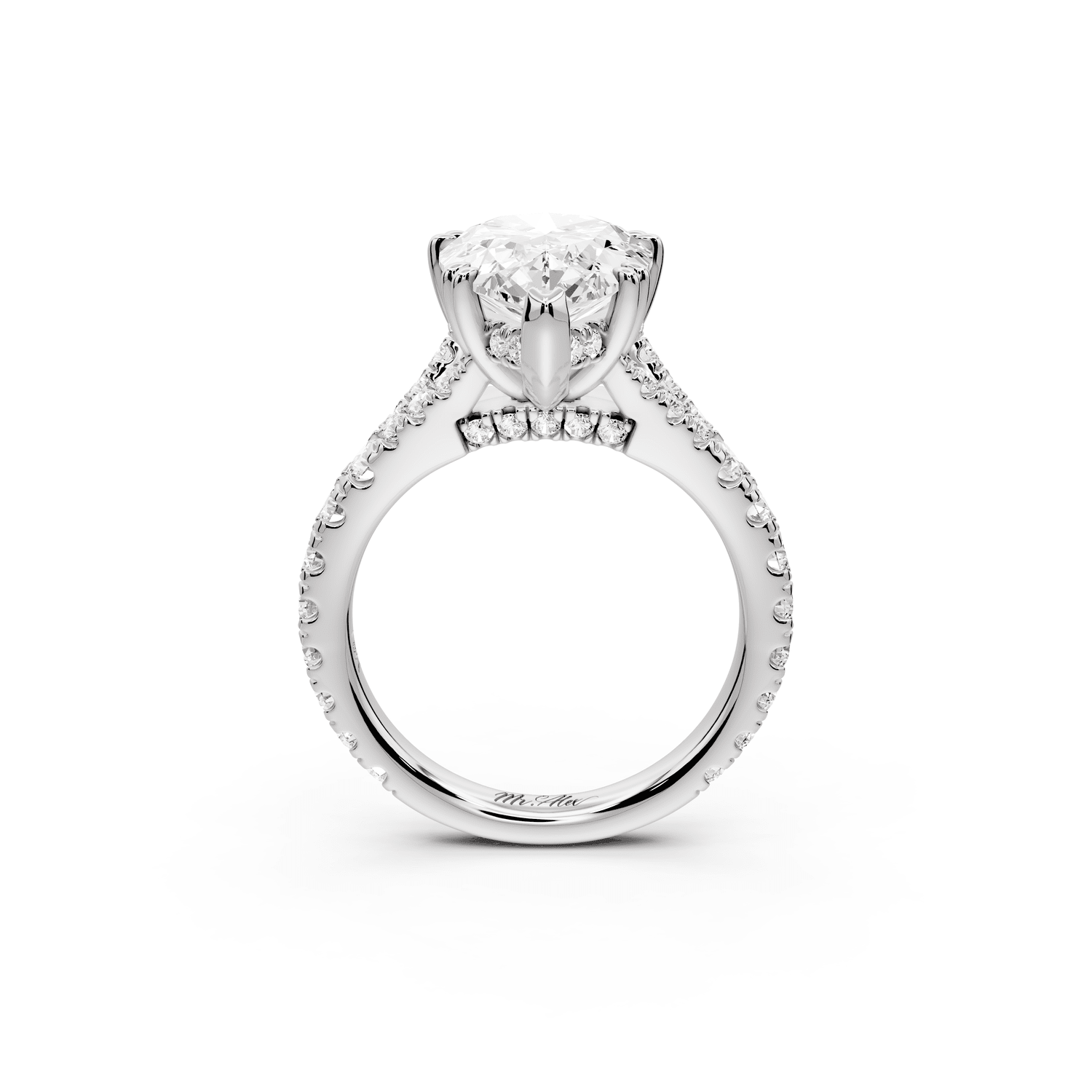 Rosalie - 4ct 18k white gold pear Pavé Cathedral Hidden Halo with Diamond Bridge split shank Engagement Ring - Mr. Alex Jewelry