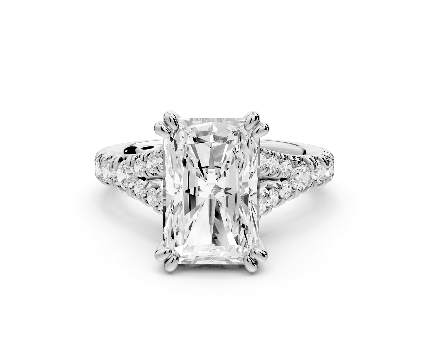 Rosalie - 4ct 18k white gold radiant Pavé Cathedral Hidden Halo with Diamond Bridge split shank Engagement Ring - Mr. Alex Jewelry