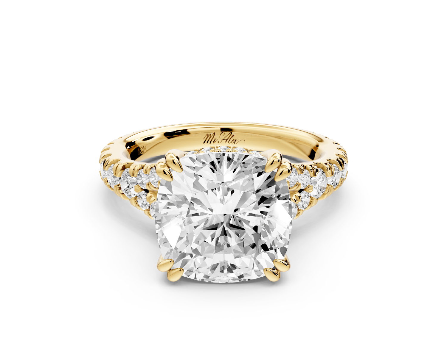 Rosalie - 4ct 18k yellow gold cushion Pavé Cathedral Hidden Halo with Diamond Bridge split shank Engagement Ring - Mr. Alex Jewelry