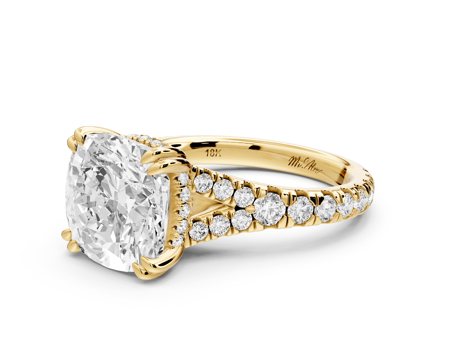 Rosalie - 4ct 18k yellow gold cushion Pavé Cathedral Hidden Halo with Diamond Bridge split shank Engagement Ring - Mr. Alex Jewelry