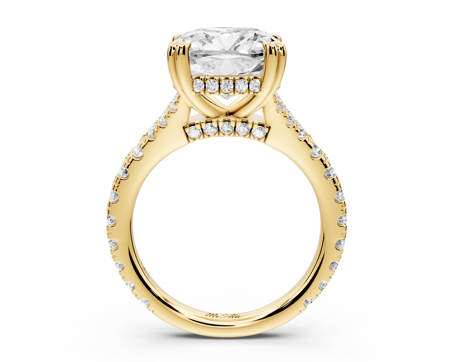 Rosalie - 4ct 18k yellow gold cushion Pavé Cathedral Hidden Halo with Diamond Bridge split shank Engagement Ring - Mr. Alex Jewelry