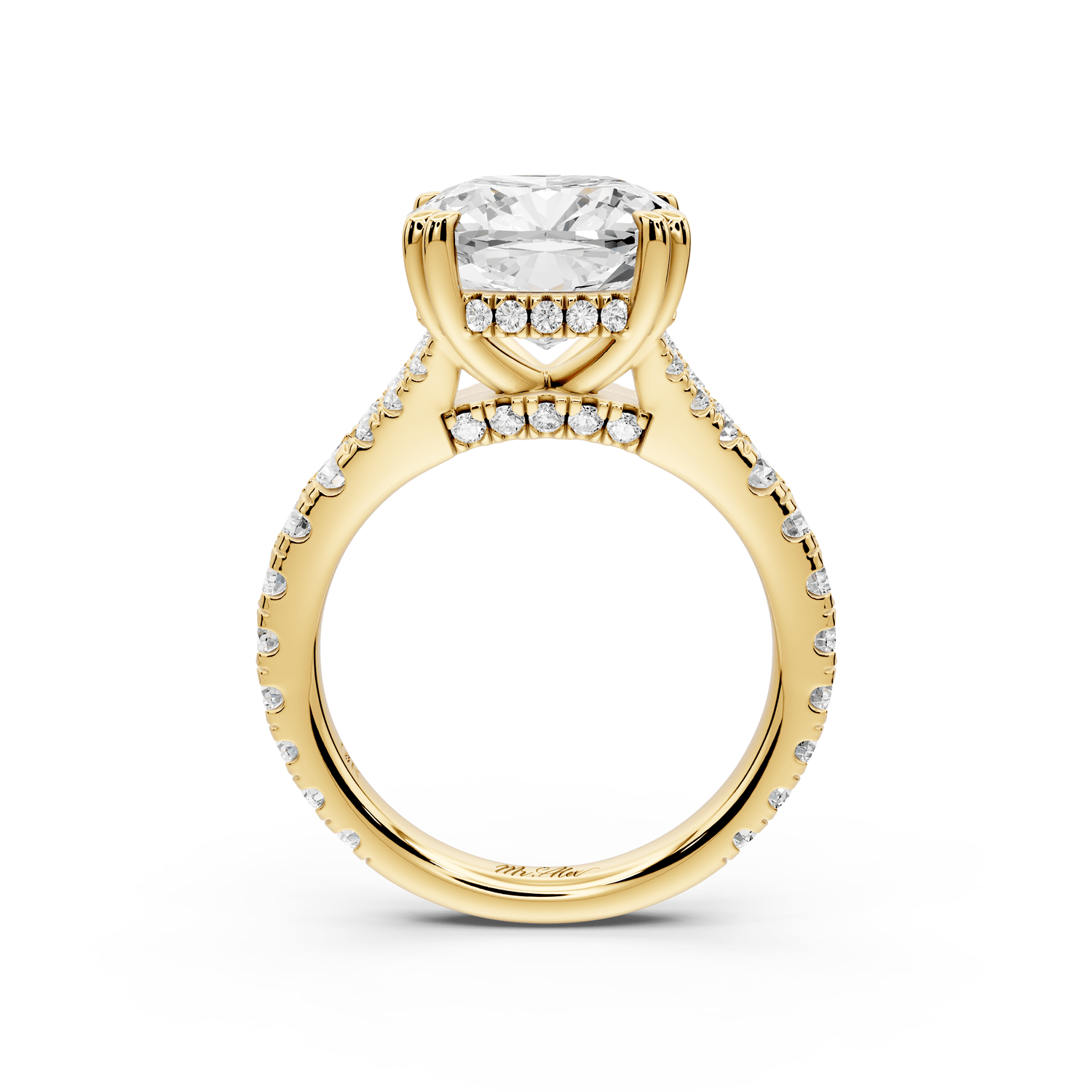 Rosalie - 4ct 18k yellow gold cushion Pavé Cathedral Hidden Halo with Diamond Bridge split shank Engagement Ring - Mr. Alex Jewelry