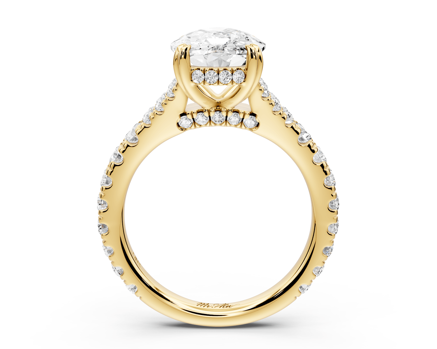 Rosalie - 4ct 18k yellow gold ecushion Pavé Cathedral Hidden Halo with Diamond Bridge split shank Engagement Ring - Mr. Alex Jewelry