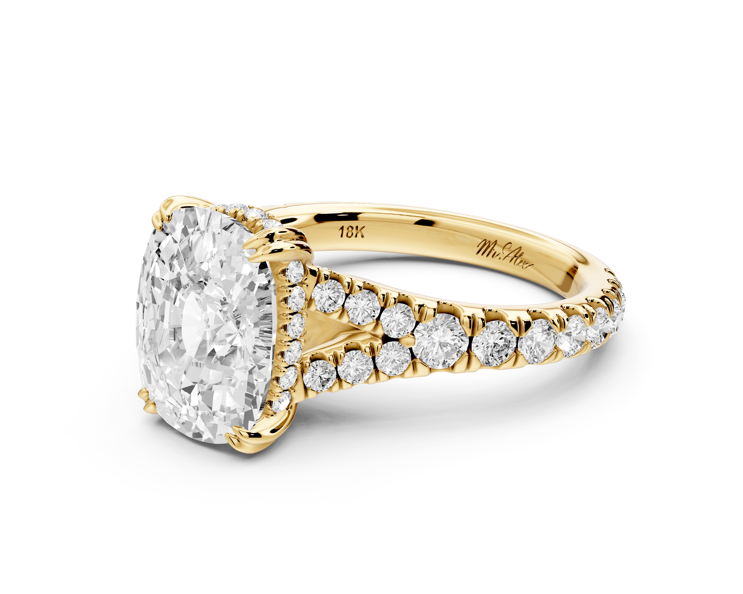 Rosalie - 4ct 18k yellow gold ecushion Pavé Cathedral Hidden Halo with Diamond Bridge split shank Engagement Ring - Mr. Alex Jewelry