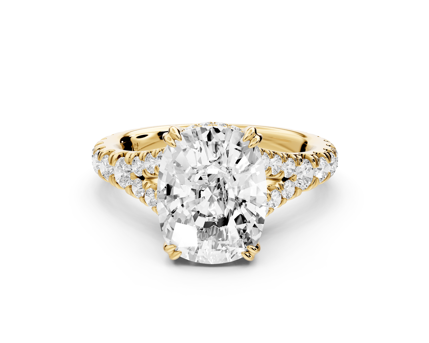 Rosalie - 4ct 18k yellow gold ecushion Pavé Cathedral Hidden Halo with Diamond Bridge split shank Engagement Ring - Mr. Alex Jewelry
