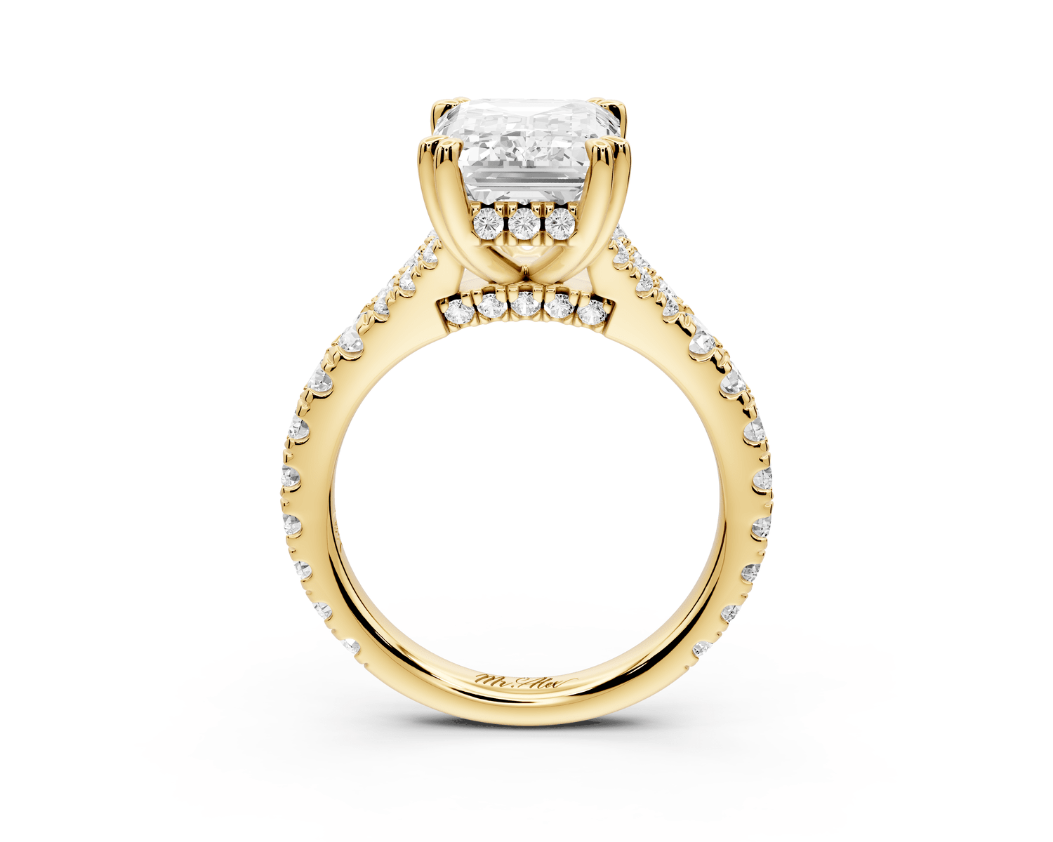 Rosalie - 4ct 18k yellow gold emerald Pavé Cathedral Hidden Halo with Diamond Bridge split shank Engagement Ring - Mr. Alex Jewelry