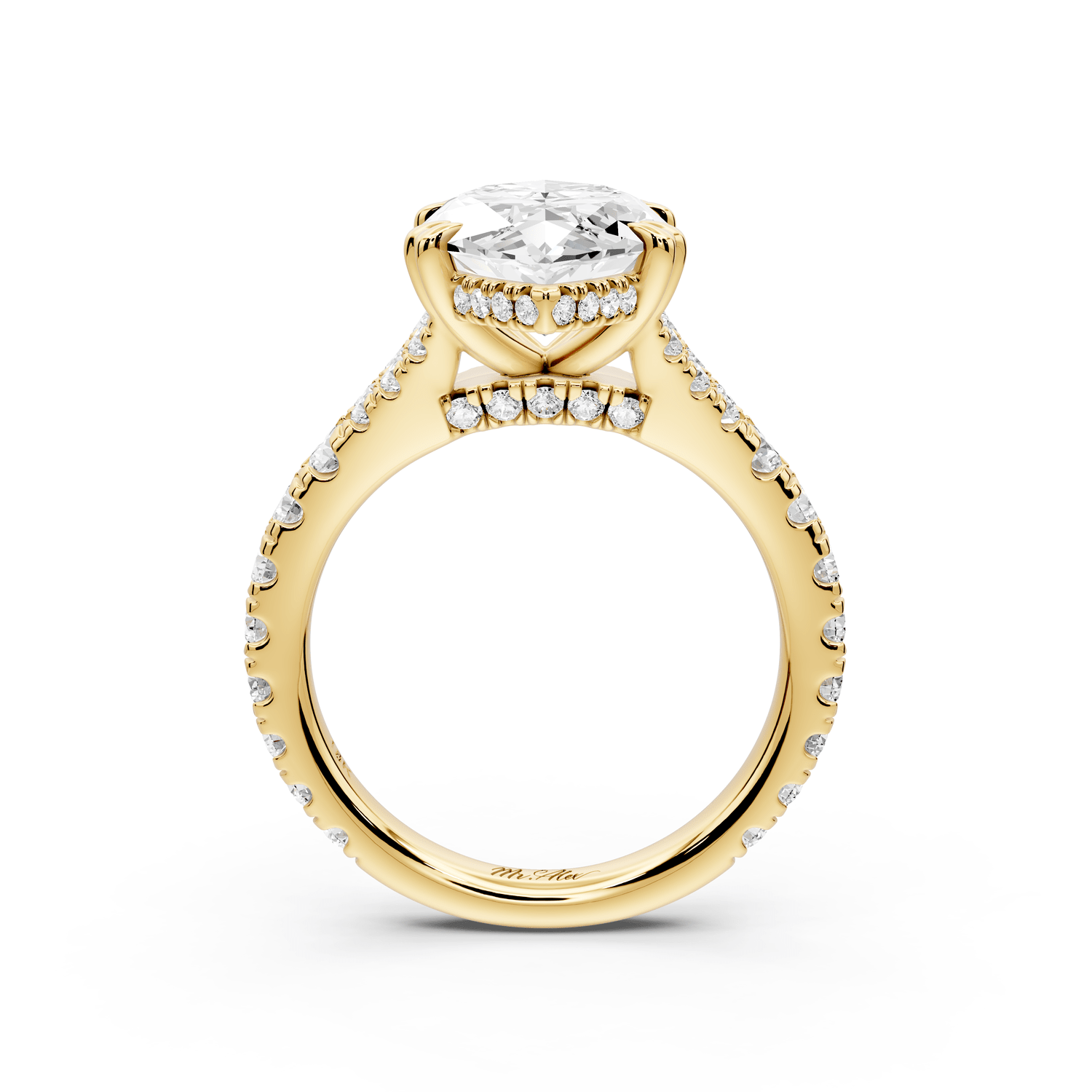Rosalie - 4ct 18k yellow gold marquise Pavé Cathedral Hidden Halo with Diamond Bridge split shank Engagement Ring - Mr. Alex Jewelry