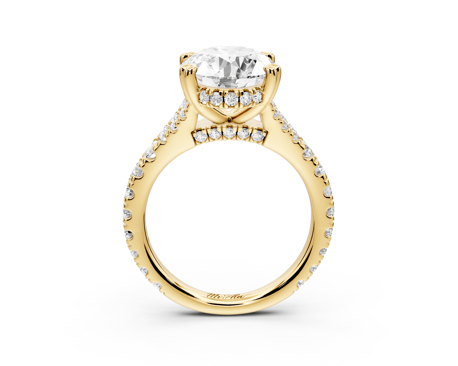 Rosalie - 4ct 18k yellow gold oval Pavé Cathedral Hidden Halo with Diamond Bridge split shank Engagement Ring - Mr. Alex Jewelry