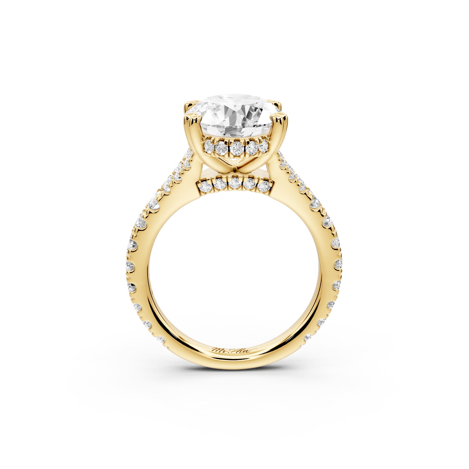 Rosalie - 4ct 18k yellow gold oval Pavé Cathedral Hidden Halo with Diamond Bridge split shank Engagement Ring - Mr. Alex Jewelry