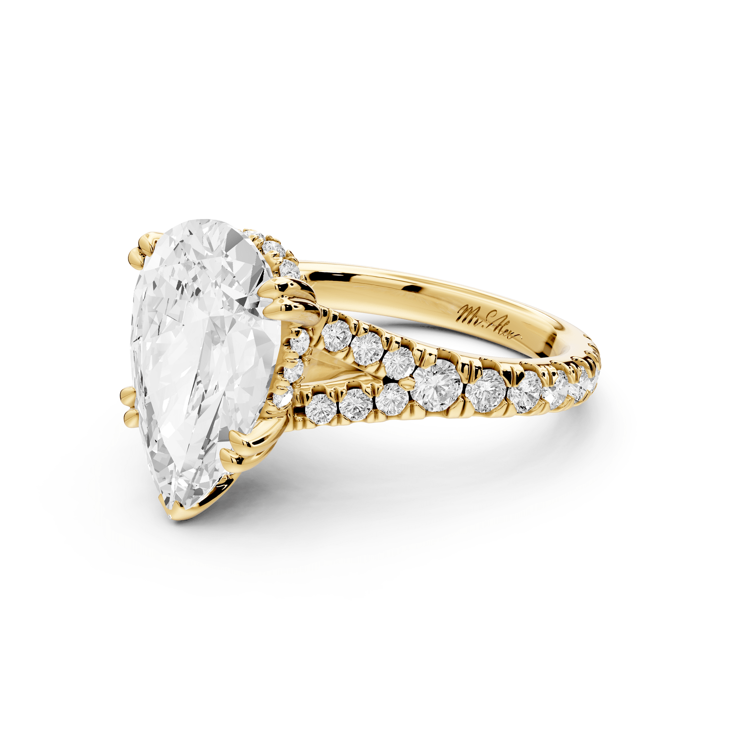 Rosalie - 4ct 18k yellow gold pear Pavé Cathedral Hidden Halo with Diamond Bridge split shank Engagement Ring - Mr. Alex Jewelry