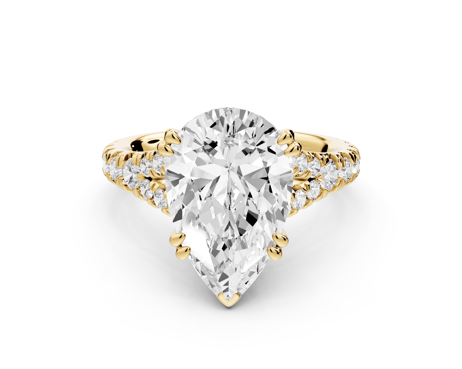 Rosalie - 4ct 18k yellow gold pear Pavé Cathedral Hidden Halo with Diamond Bridge split shank Engagement Ring - Mr. Alex Jewelry