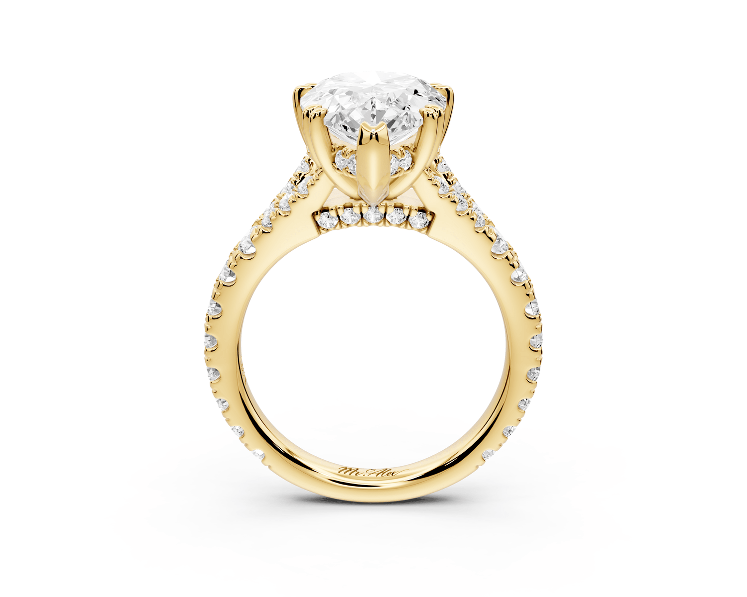 Rosalie - 4ct 18k yellow gold pear Pavé Cathedral Hidden Halo with Diamond Bridge split shank Engagement Ring - Mr. Alex Jewelry