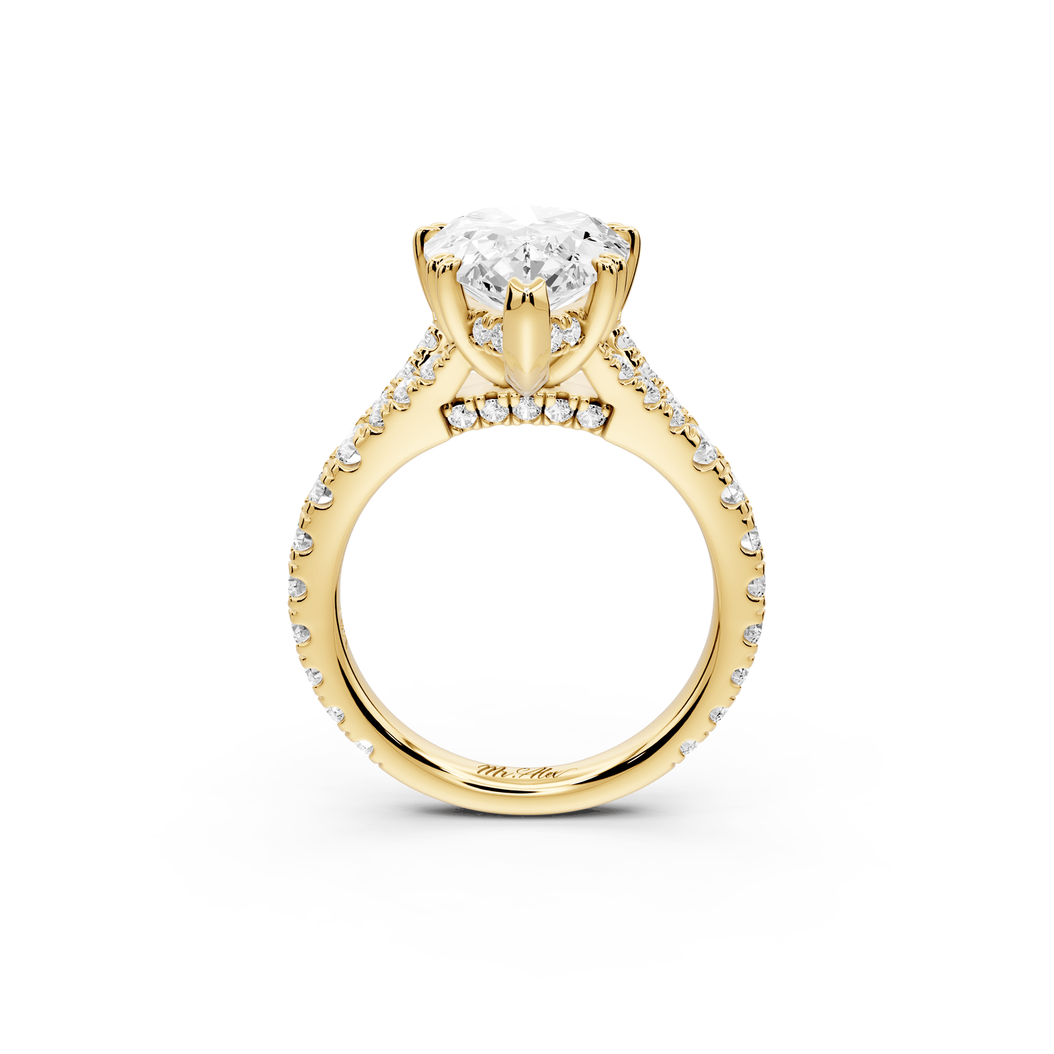 Rosalie - 4ct 18k yellow gold pear Pavé Cathedral Hidden Halo with Diamond Bridge split shank Engagement Ring - Mr. Alex Jewelry