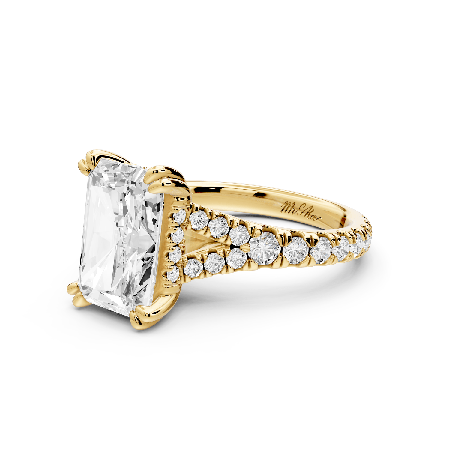 Rosalie - 4ct 18k yellow gold radiant Pavé Cathedral Hidden Halo with Diamond Bridge split shank Engagement Ring - Mr. Alex Jewelry