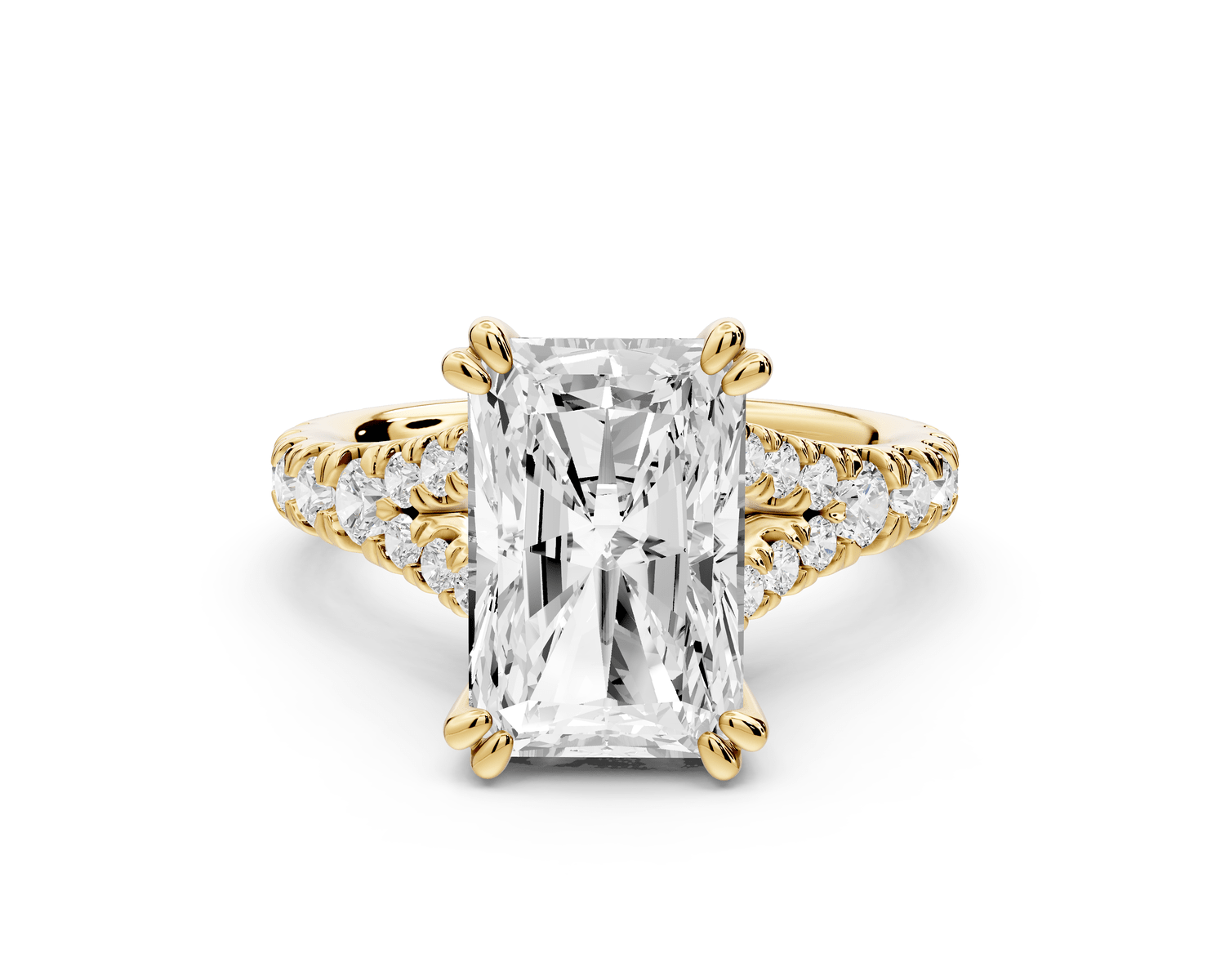 Rosalie - 4ct 18k yellow gold radiant Pavé Cathedral Hidden Halo with Diamond Bridge split shank Engagement Ring - Mr. Alex Jewelry