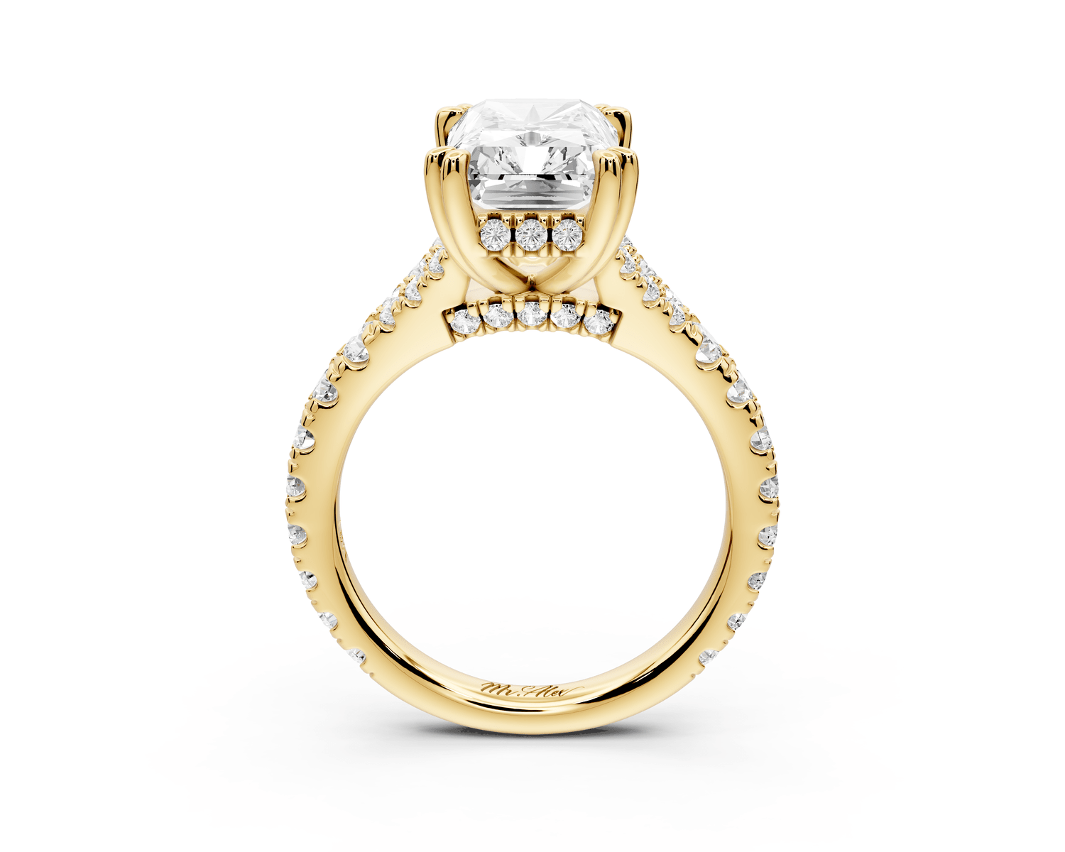 Rosalie - 4ct 18k yellow gold radiant Pavé Cathedral Hidden Halo with Diamond Bridge split shank Engagement Ring - Mr. Alex Jewelry