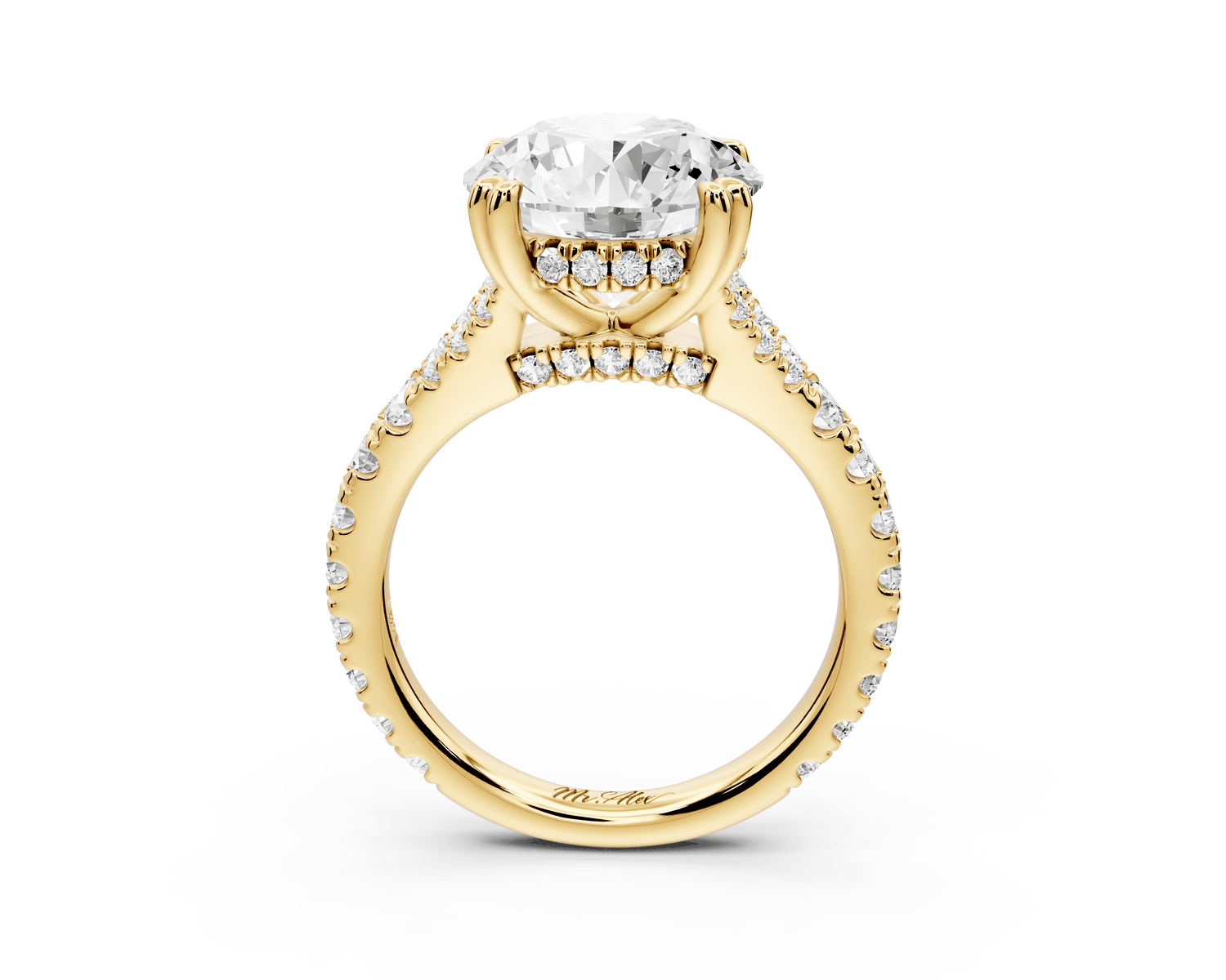 Rosalie - 4ct 18k yellow gold round Pavé Cathedral Hidden Halo with Diamond Bridge split shank Engagement Ring - Mr. Alex Jewelry