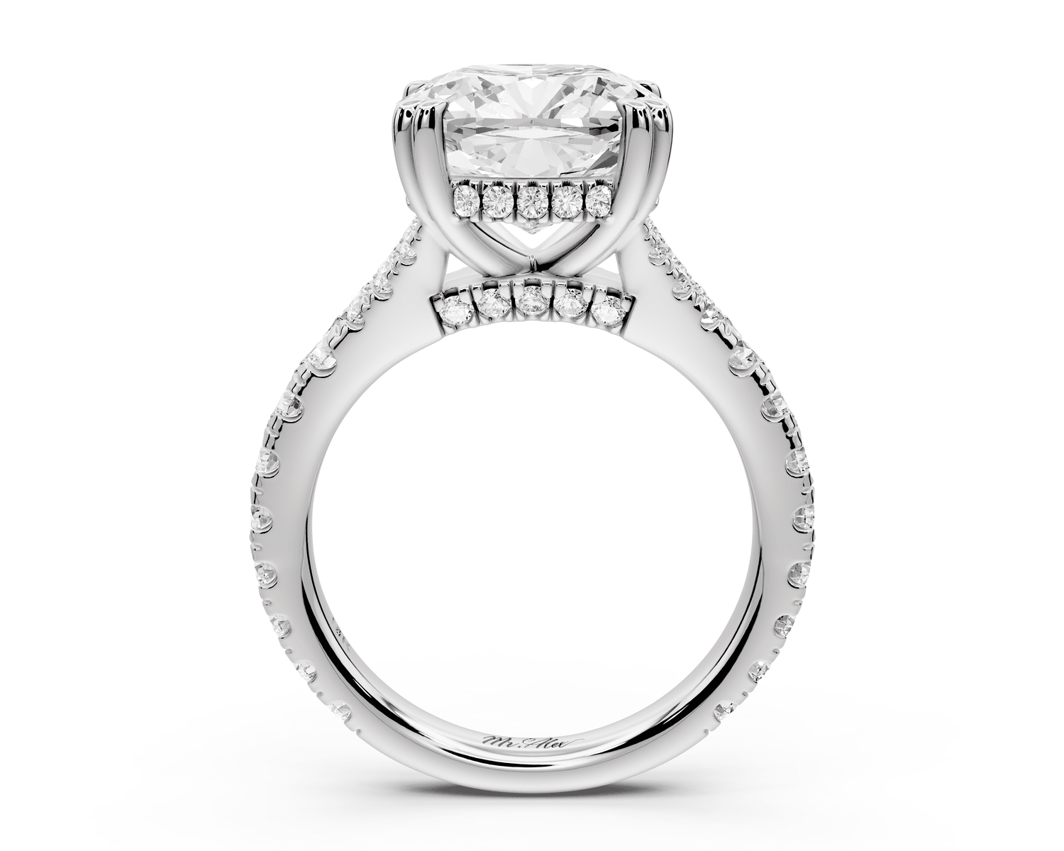 Rosalie - 4ct platinum cushion Pavé Cathedral Hidden Halo with Diamond Bridge split shank Engagement Ring - Mr. Alex Jewelry