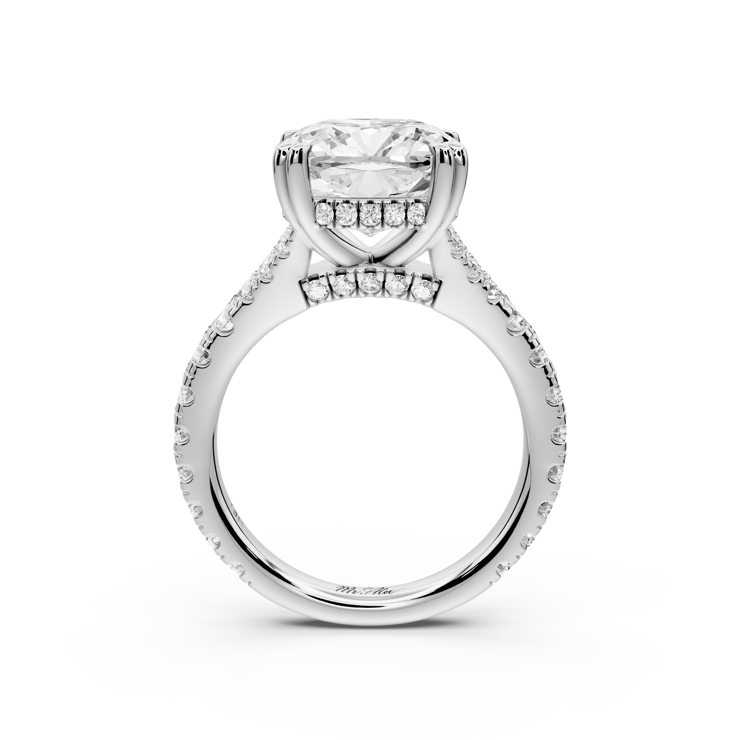 Rosalie - 4ct platinum cushion Pavé Cathedral Hidden Halo with Diamond Bridge split shank Engagement Ring - Mr. Alex Jewelry