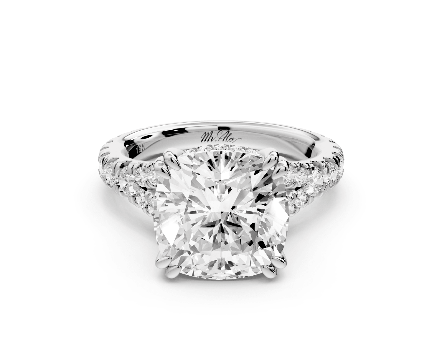 Rosalie - 4ct platinum cushion Pavé Cathedral Hidden Halo with Diamond Bridge split shank Engagement Ring - Mr. Alex Jewelry